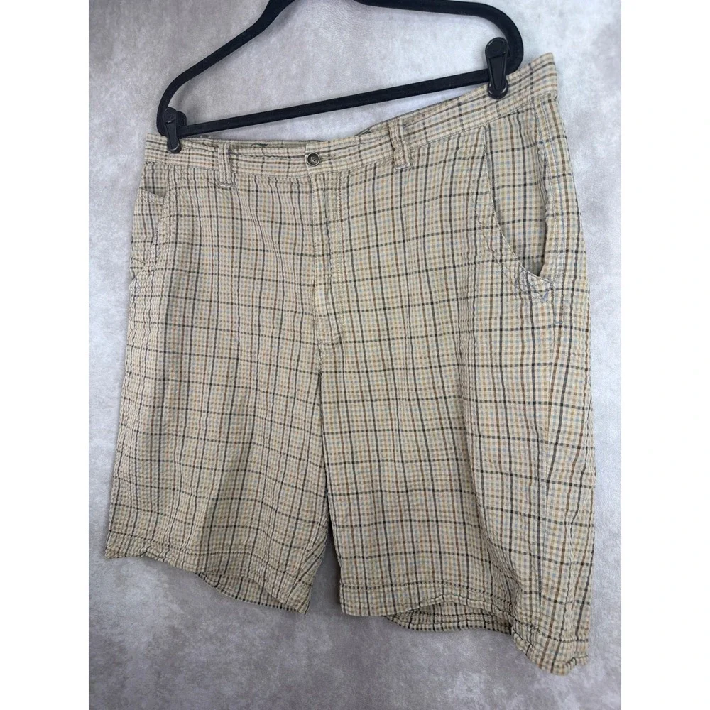 Tommy Bahama Plaid Shorts Men 38 Tan Blue Cotton Casual Summer Flat Front